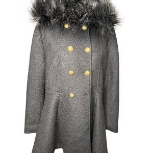 Liz Claiborne Womens Black Boucle Faux Fur Hood Wool Blend Swing Coat XL Read